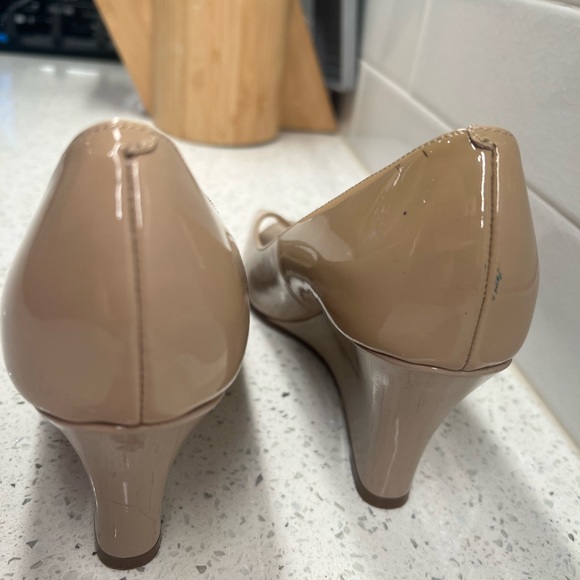 Cole Haan peep toe patent wedges, 3 inch heel, nude/tan color, Size 6 - Picture 4 of 5